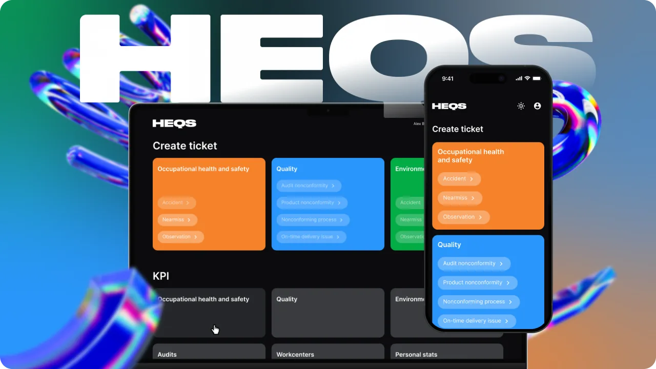 heqs on a laptop and a phone: the create-ticket screen with occupational health and safety, quality and environment categories