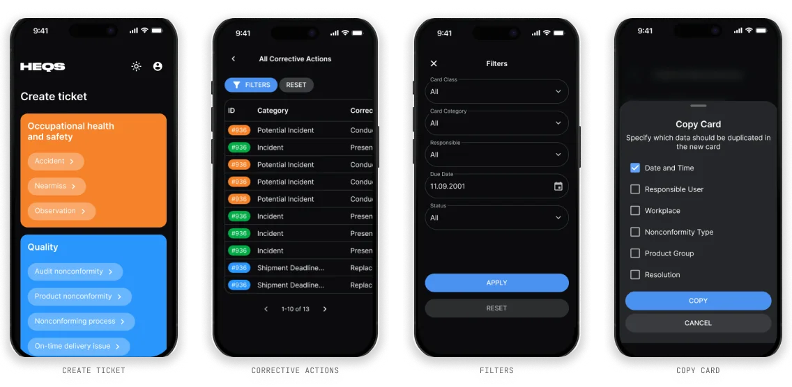 Four phone screens: create ticket, corrective actions, filters and copy card