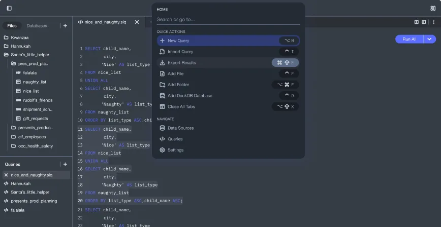 Command K palette open over the SQL editor with quick actions and navigation.