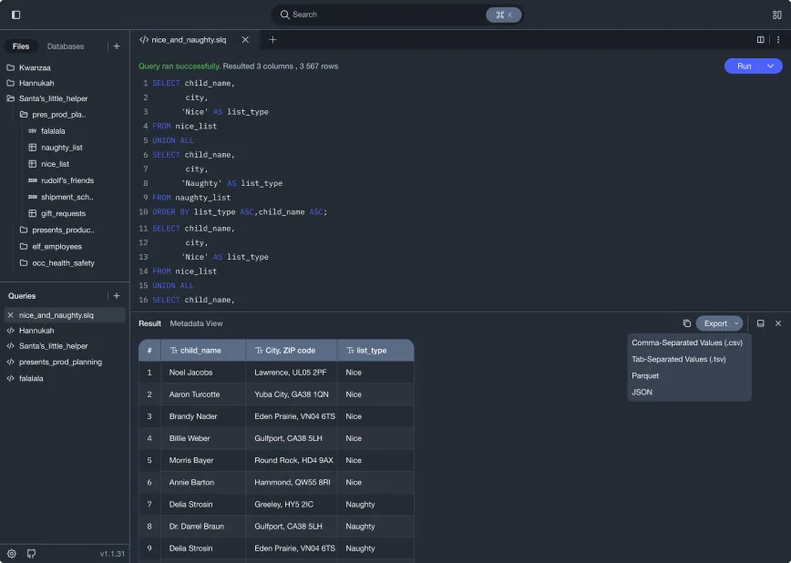 Export dialog open over a query result.