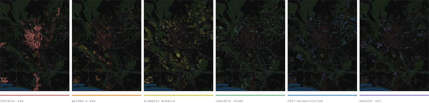 Six maps of Wiesbaden, one per era, each lighting up the buildings of that period