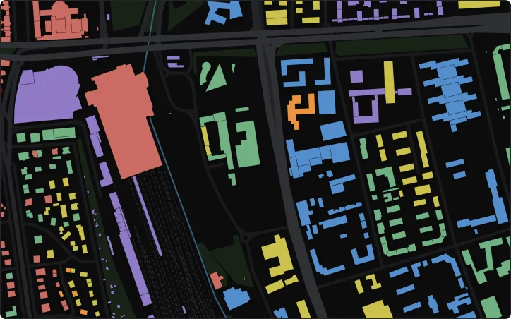 Close-up of the map where every building footprint carries its own era colour