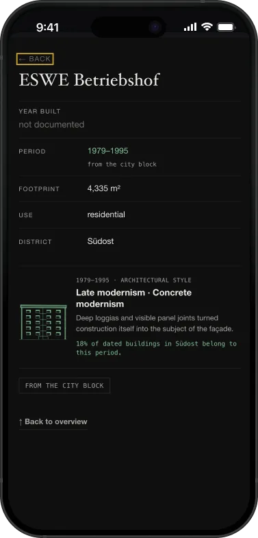Phone screen with a building card as a sheet