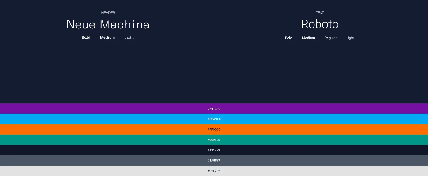 Type pairing Neue Machina for headers and Roboto for text, with the colour palette #7410A0, #03A9F4, #FF6D00, #009688, #111729, #4A5567, #E2E2E2